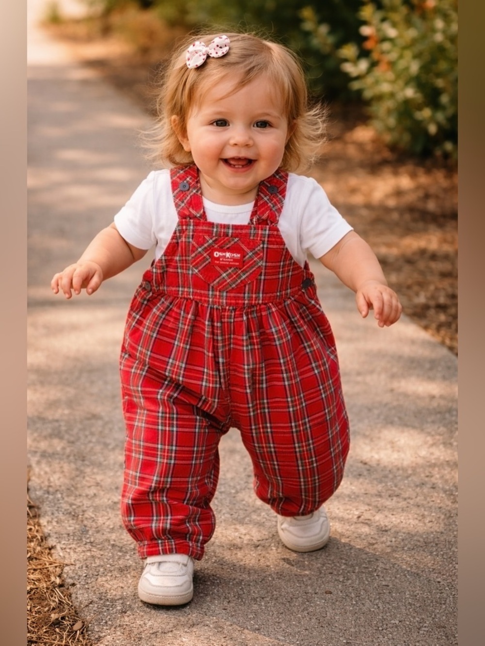 Vintage OshKosh B'Gosh Girls Overalls Sz 12 Month Red Plaid Bow Back Bubble Xmas